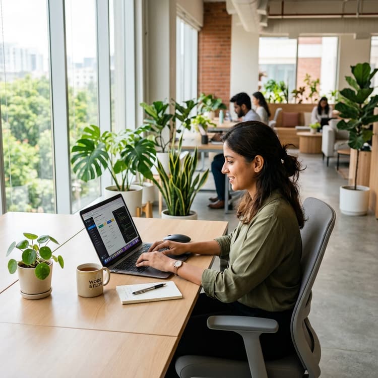 Professional working at a modern coworking desk